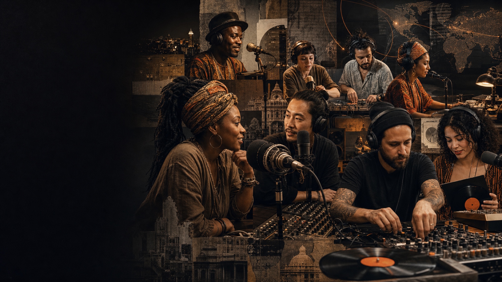 Global radio collaborators broadcasting together across cities